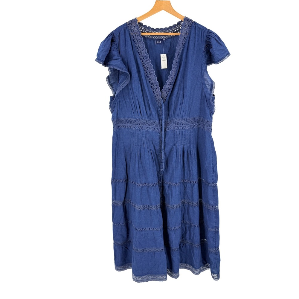 GAP Maxi Dress Blue XXL Boho Eyelet Lace Flutter Sleeve Chambray Prairie Cottage
